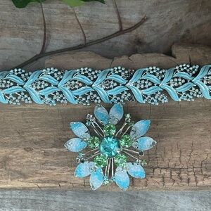 Coro Enamel & Rhinestone Brooch & Bracelet Set Pastel Blue